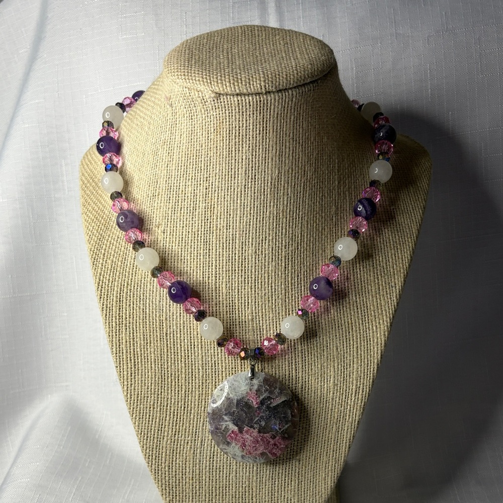 Handcrafted Amethyst, White Jade Necklace w/Tourmaline Pendant